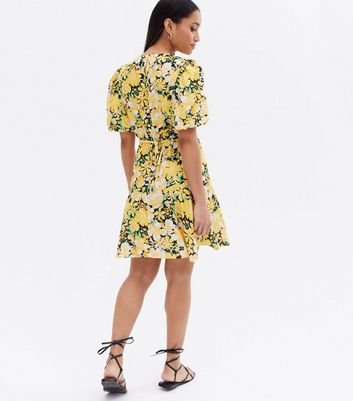 Petite Yellow Floral Puff Sleeve Mini 