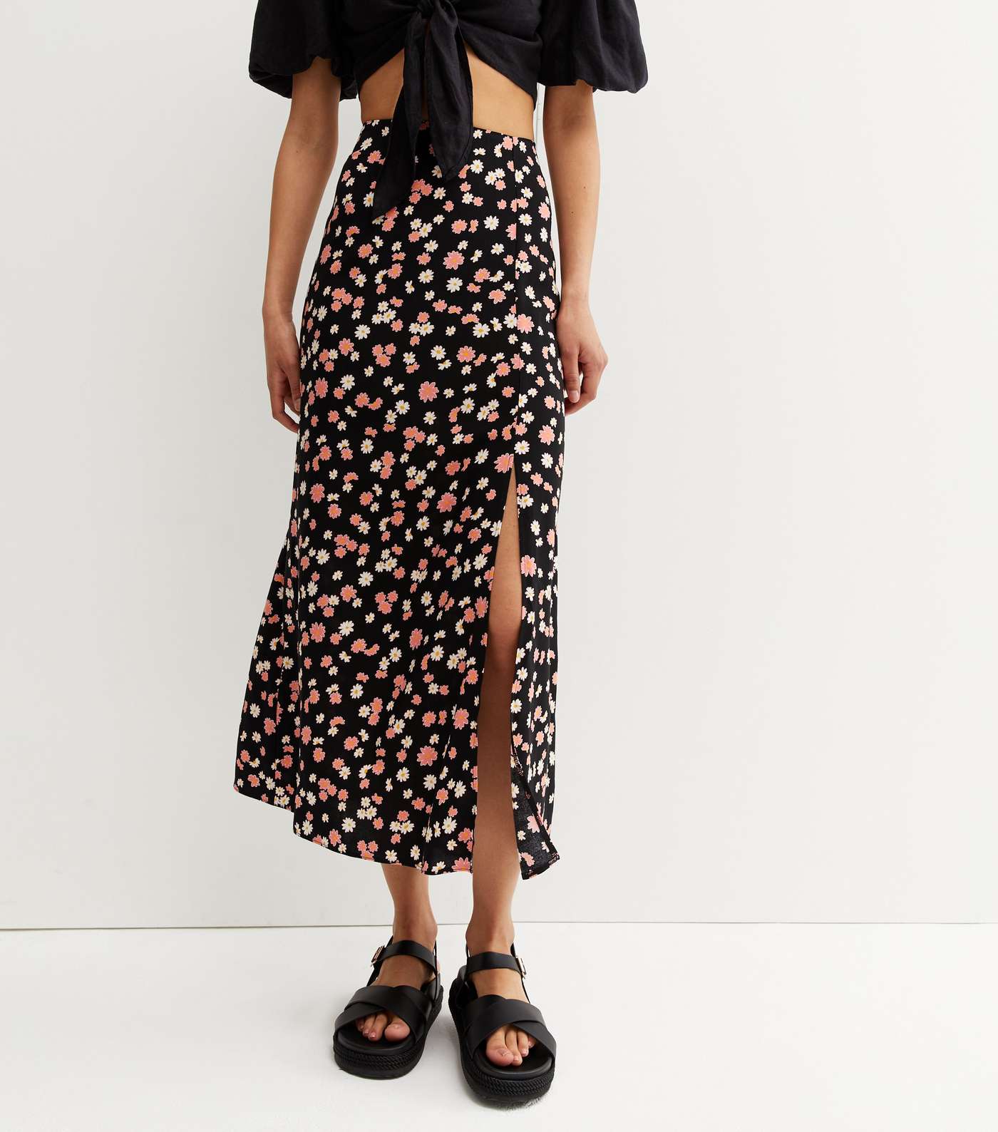 Tall Black Floral Split Midi Skirt Image 2