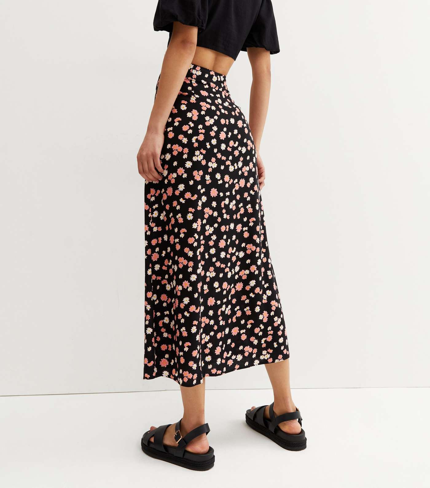 Tall Black Floral Split Midi Skirt Image 4