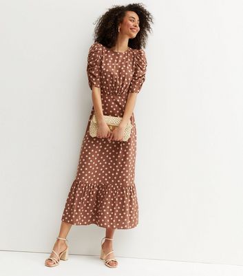 Tall Brown Spot Tie Back Tiered Midi 