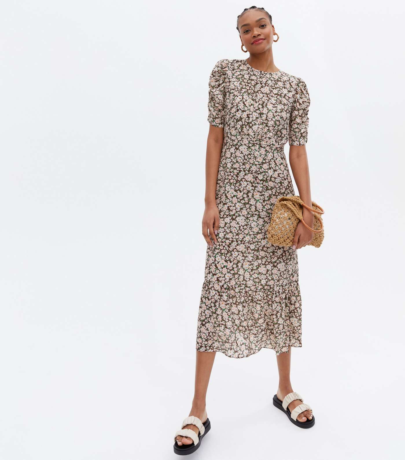 Tall Brown Daisy Ruched Sleeve Tiered Midi Dress