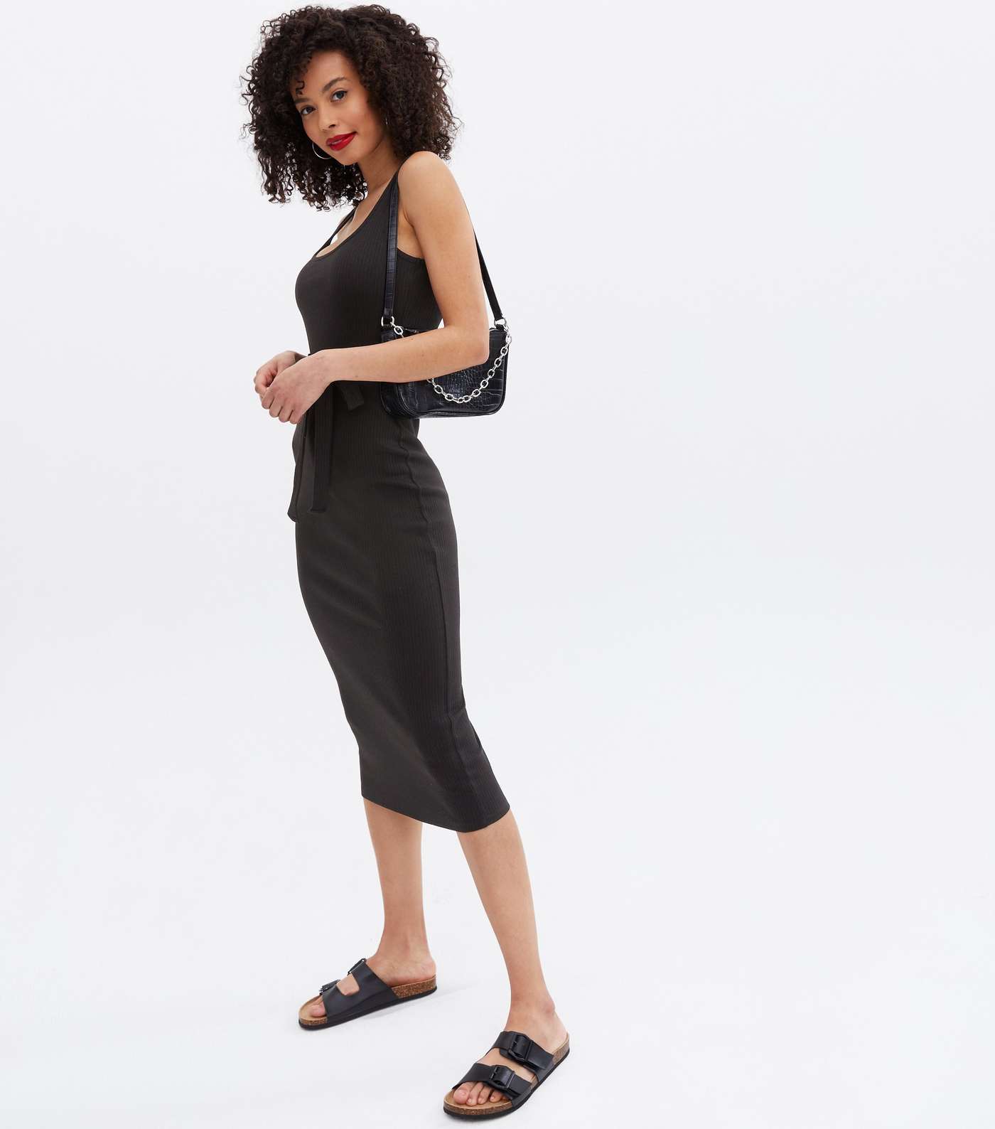 Tall Black Ribbed Belted Midi Dress Image 2