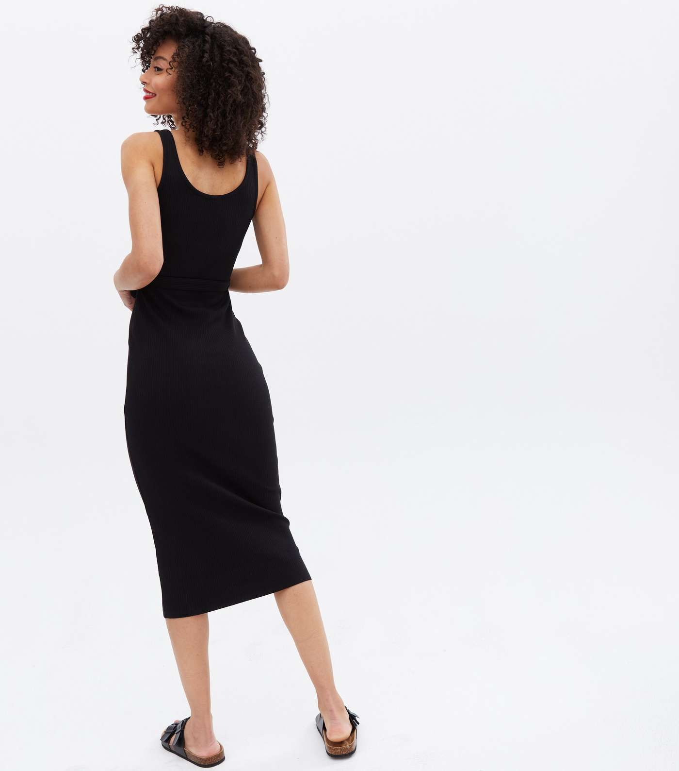 Tall Black Ribbed Belted Midi Dress Image 4