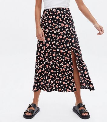 Petite Black Floral Split Midi Skirt New Look