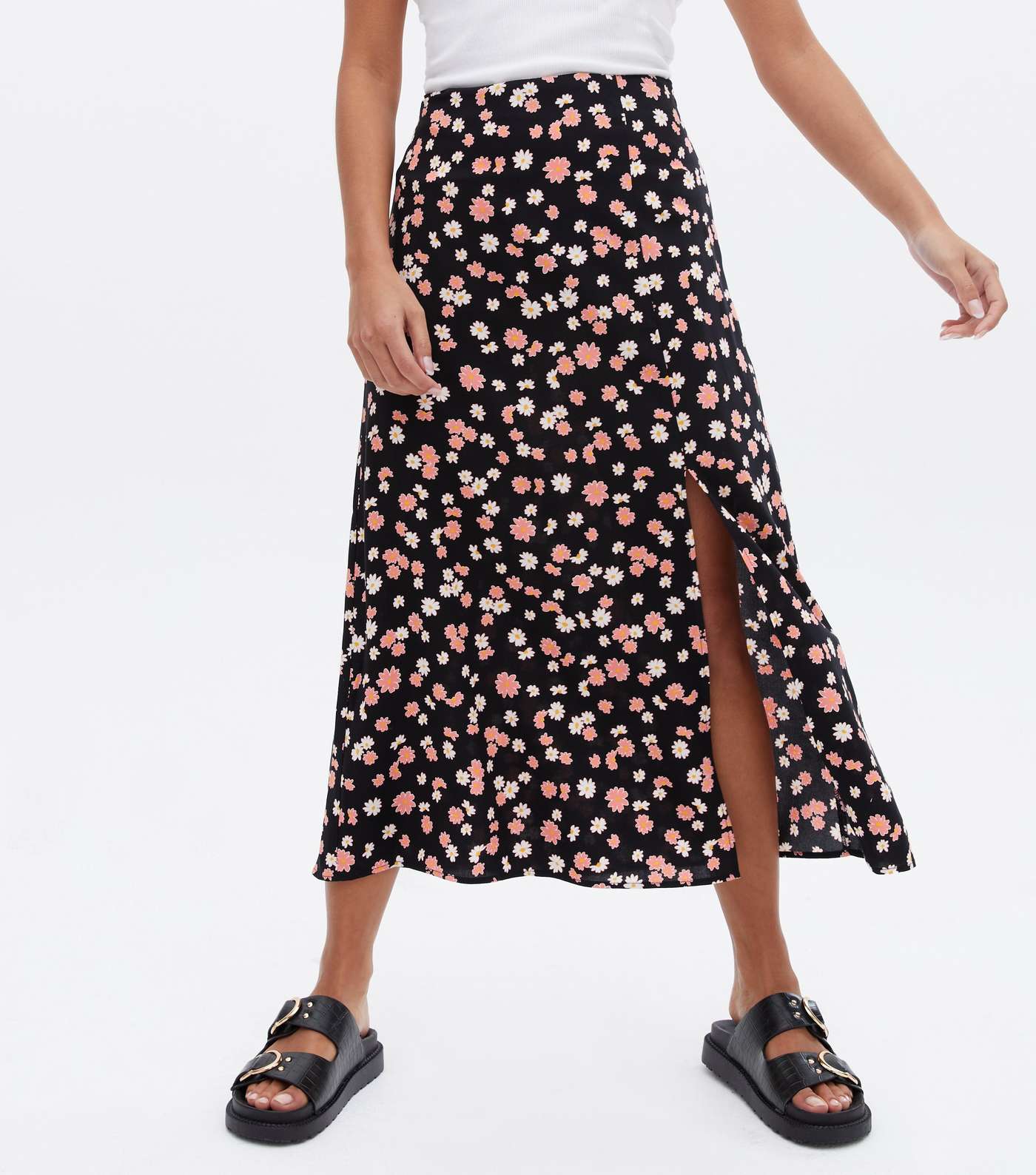 Petite Black Floral Split Midi Skirt Image 2