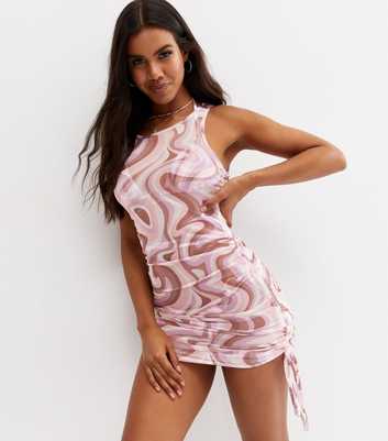 Pink Swirl Mesh Ruched Side Dress