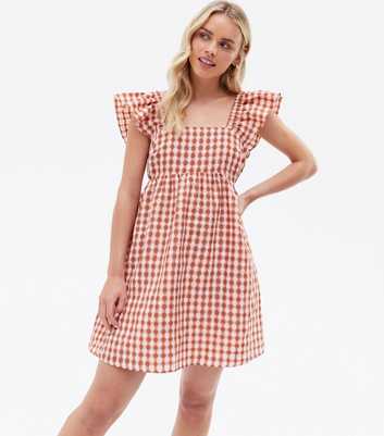 Petite Pale Pink Check Seersucker Frill Shoulder Mini Dress