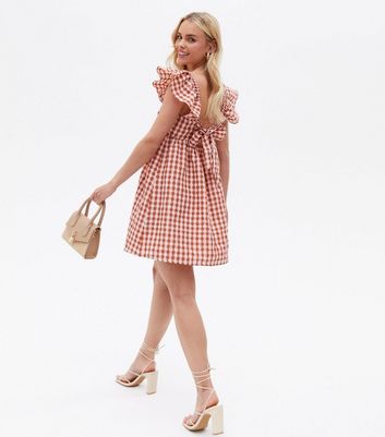 Petite Pale Pink Check Seersucker Frill Shoulder Mini Dress New Look