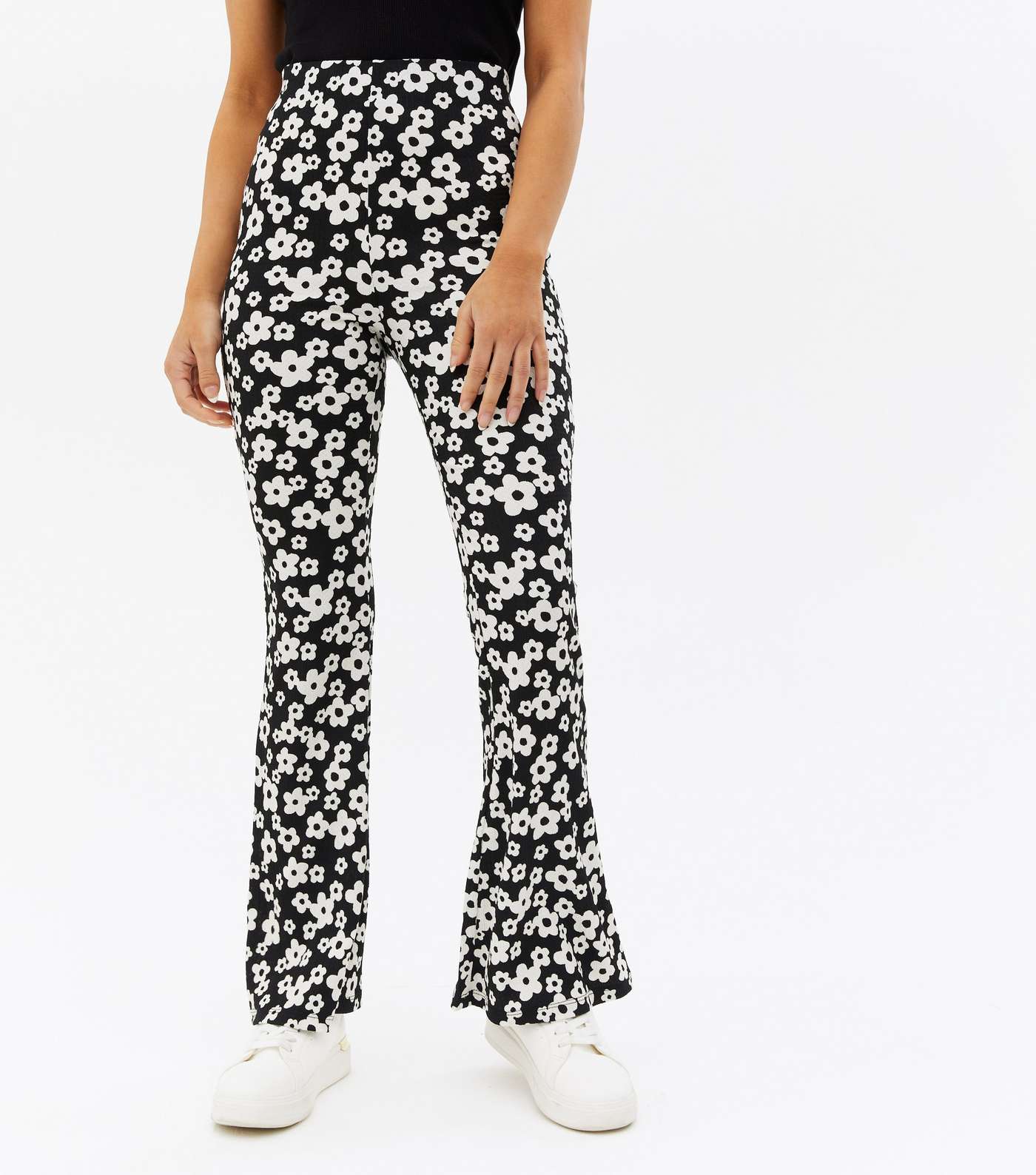 Petite Black Floral Crinkle Jersey Flared Trousers Image 2