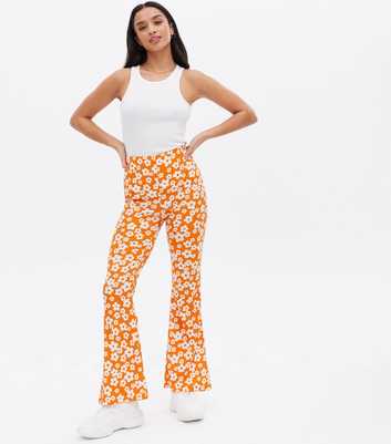 Petite Orange Floral Crinkle Jersey Flared Trousers