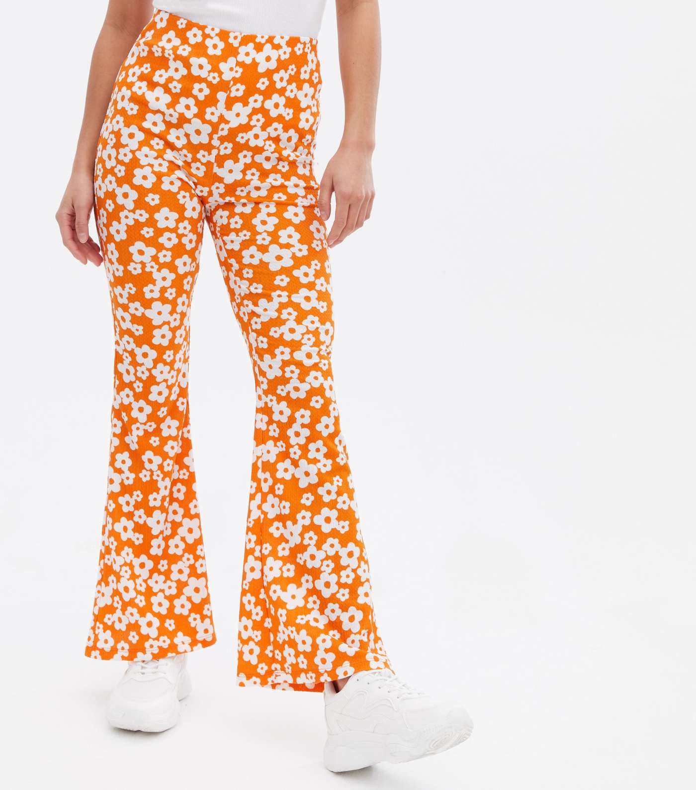 Petite Orange Floral Crinkle Jersey Flared Trousers Image 2