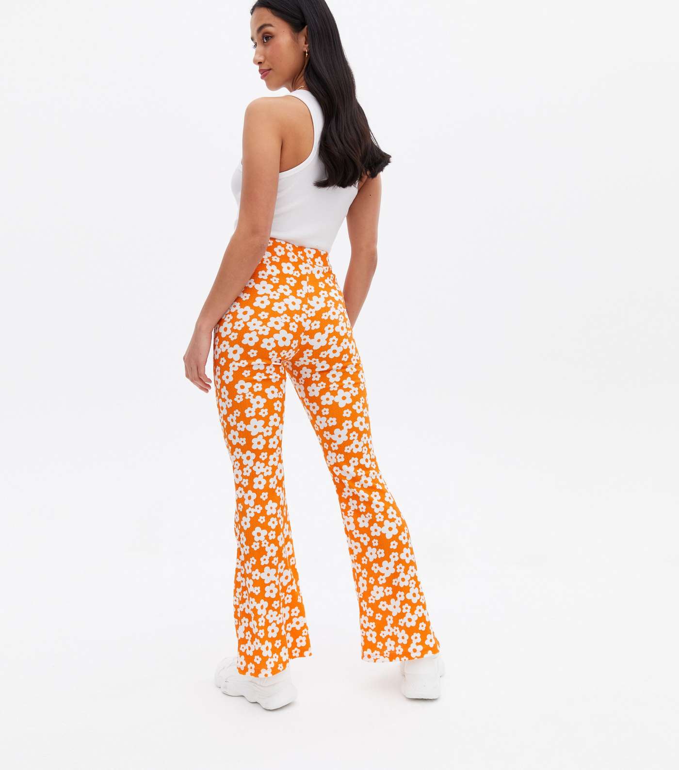 Petite Orange Floral Crinkle Jersey Flared Trousers Image 4