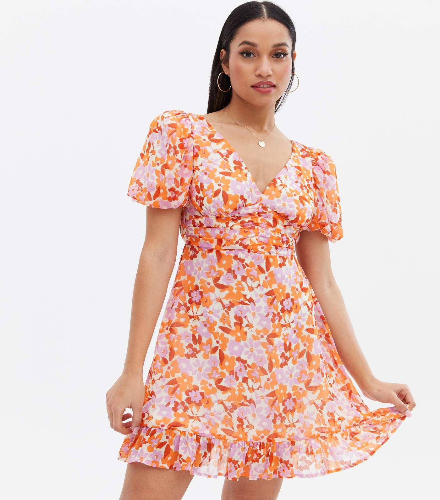 Petite Orange Floral Ruched Puff Sleeve Mini Dress