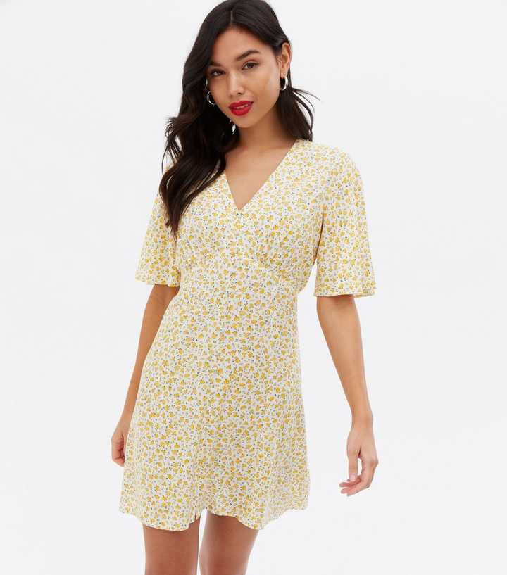 Mustard Floral V Neck Button Front Mini Dress