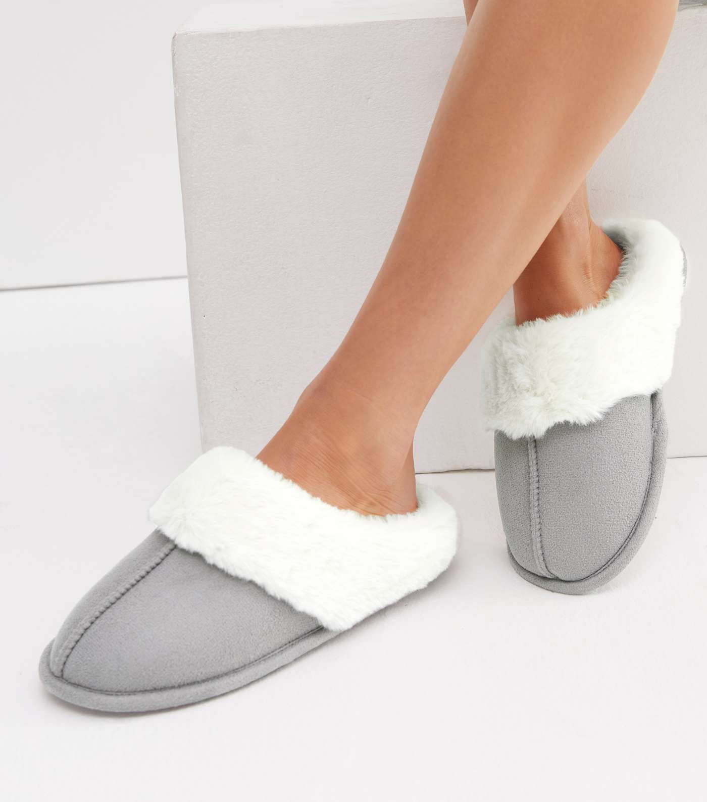 Grey Suedette Faux Fur Lined Mule Slippers Image 2