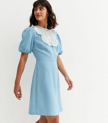 Pale Blue Puff Sleeve Broderie Bib Mini Dress