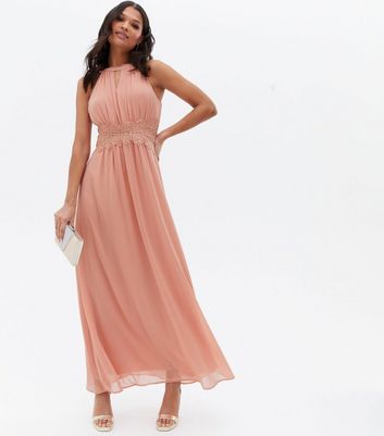 Vila Pink Chiffon Lace Trim Maxi Halter Dress New Look