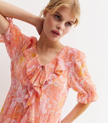 Orange Floral Chiffon Frill Midi Dress | New Look