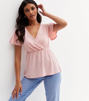 Damen Bekleidung Mid Pink Ribbed Wrap Peplum Top Damen Bekleidung Mid Pink Ribbed Wrap Peplum Top