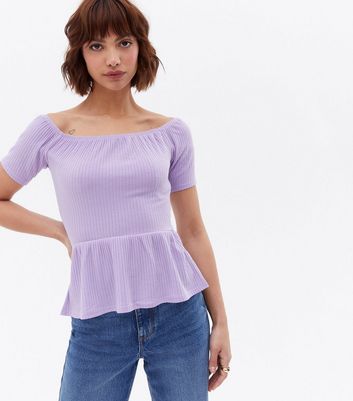 Lilac Ribbed Bardot Peplum Top