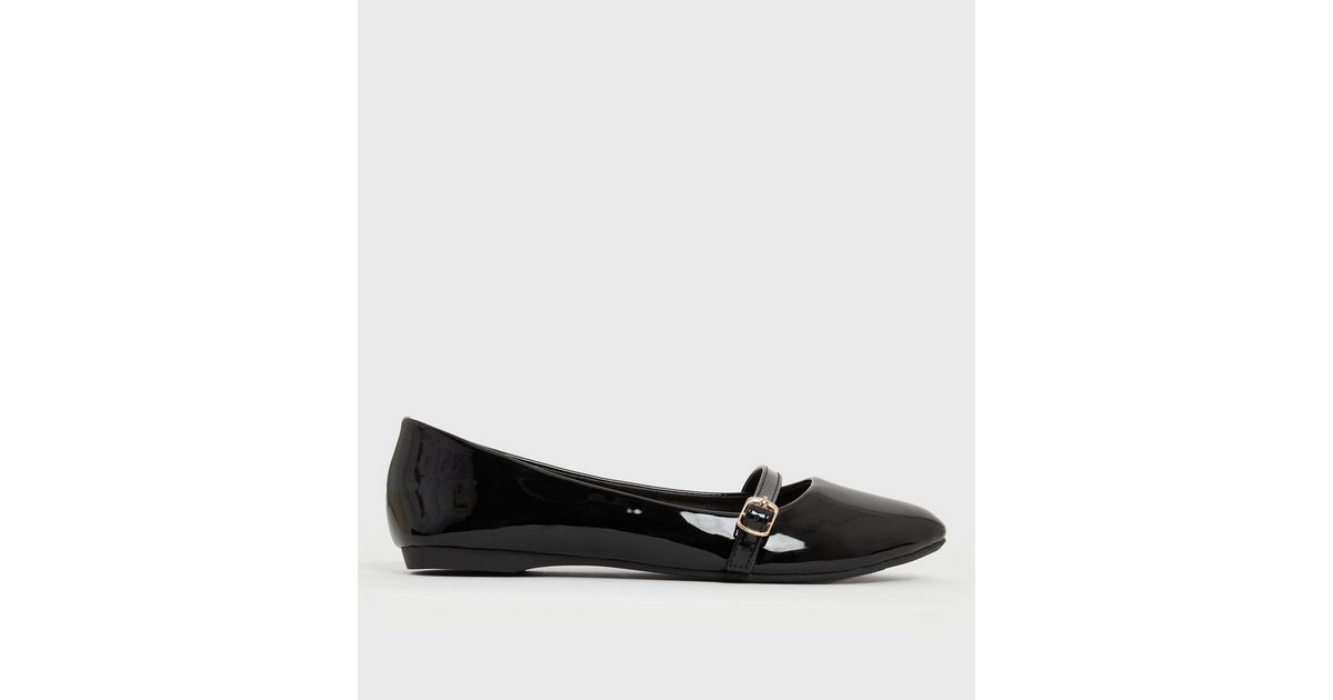 Wide Fit Black Patent Pointed Buckle Ballet Pumps | New Look