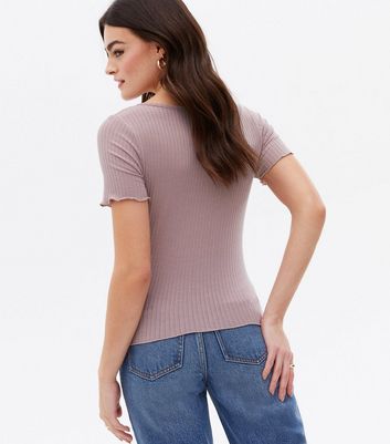 Light Purple Ribbed Keyhole Frill T Shirt New Look