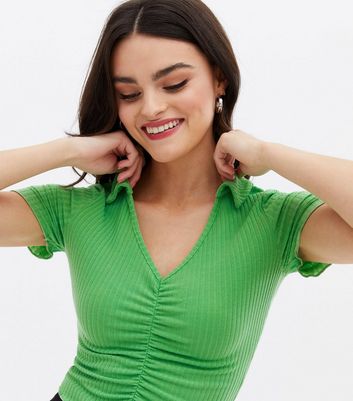 Click to view product details and reviews for Green Ribbed Collared Ruched Crop T Shirt New Look.