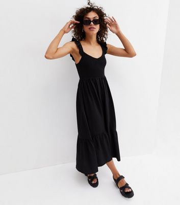 Black Frill Shirred Tiered Midi Dress