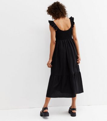 Damen Bekleidung Black Frill Shirred Tiered Midi Dress