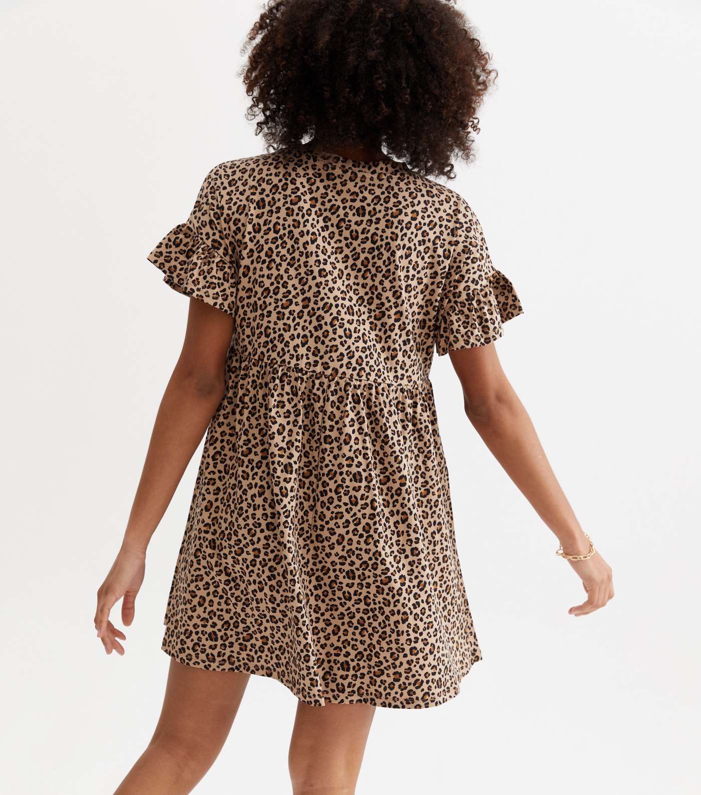 Brown Leopard Print Frill Mini Smock Dress Image 4