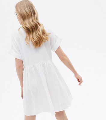 White Button Front Mini Smock Dress New Look