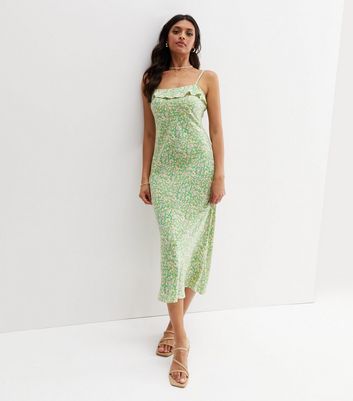 Green Ditsy Floral Frill Strappy Midi Dress New Look