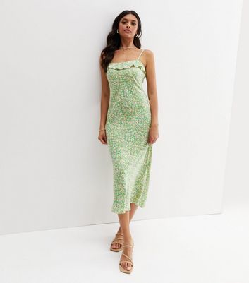 Damen Bekleidung Green Ditsy Floral Frill Strappy Midi Dress