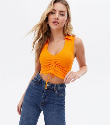 Click to view product details and reviews for Bright Orange Ruched Front Collared Crop Vest New Look.