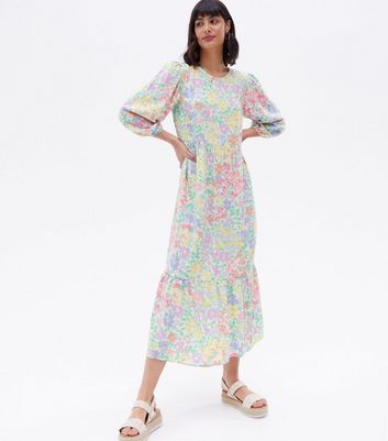 White Floral 3/4 Puff Sleeve Midi Smock Dress