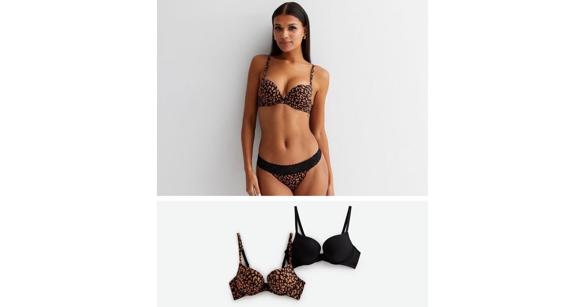 2 Pack Brown and Black Leopard Print Push Up Bras | New Look