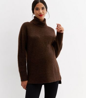 Maternity Brown Roll Neck Long Split Hem Jumper