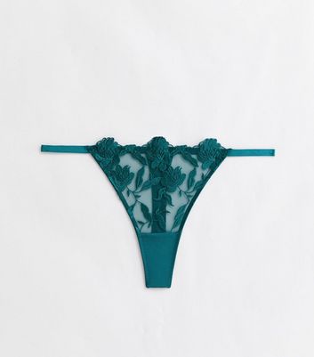Dark Green Embroidered Mesh Thong New Look