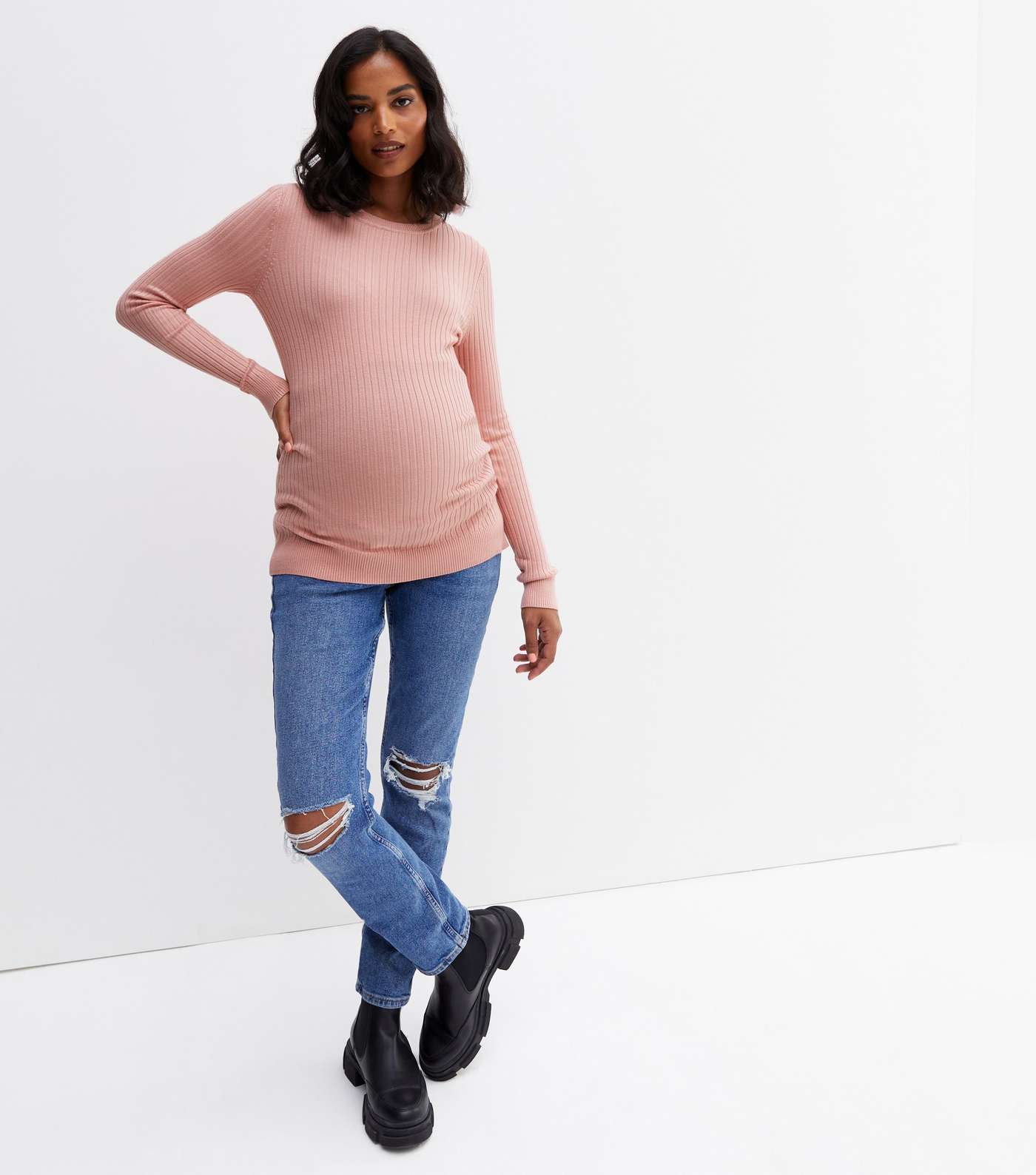 Maternity Mid Pink Ribbed Crew Neck Jumper Image 2