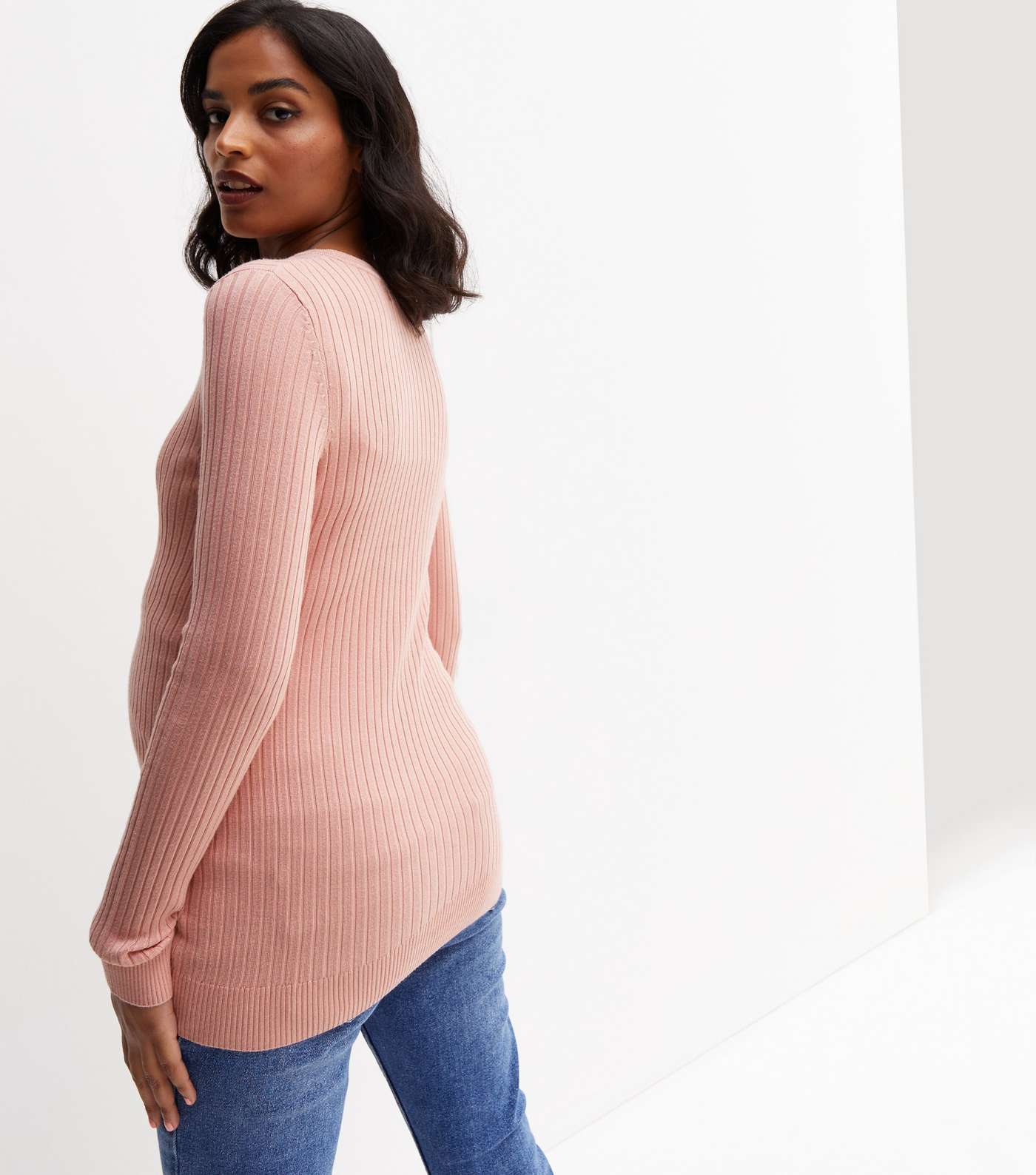 Maternity Mid Pink Ribbed Crew Neck Jumper Image 4