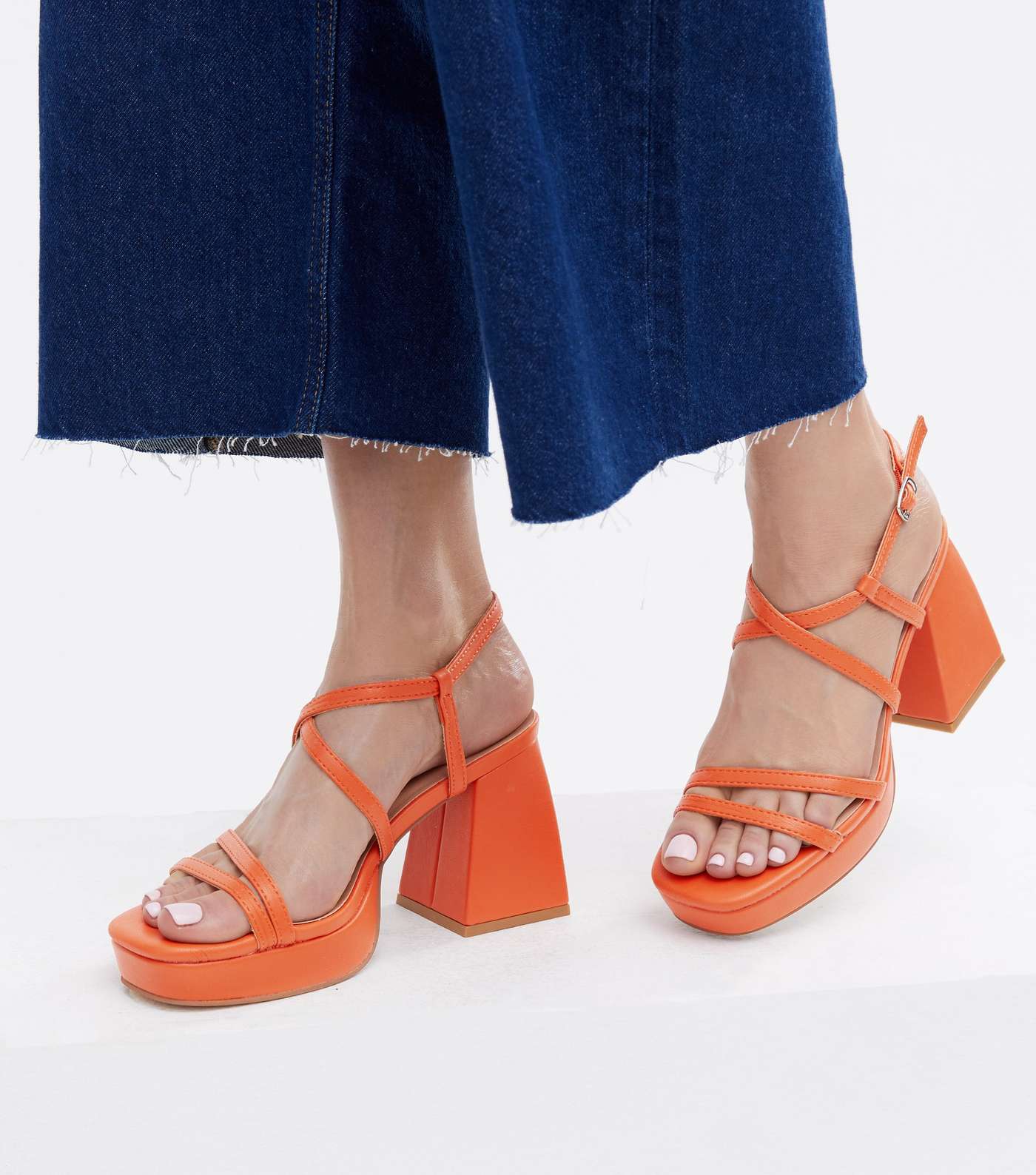 Bright Orange Strappy Block Heel Platform Sandals Image 2
