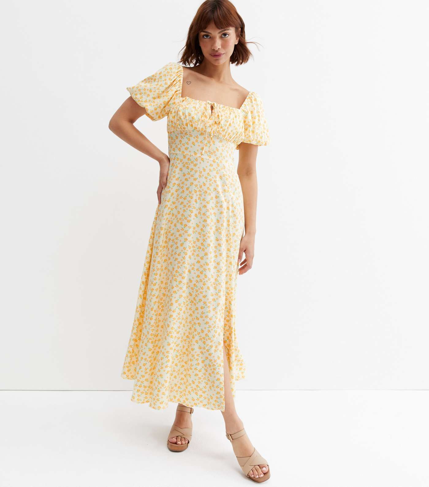 Yellow Ditsy Floral Puff Sleeve Midi Dress