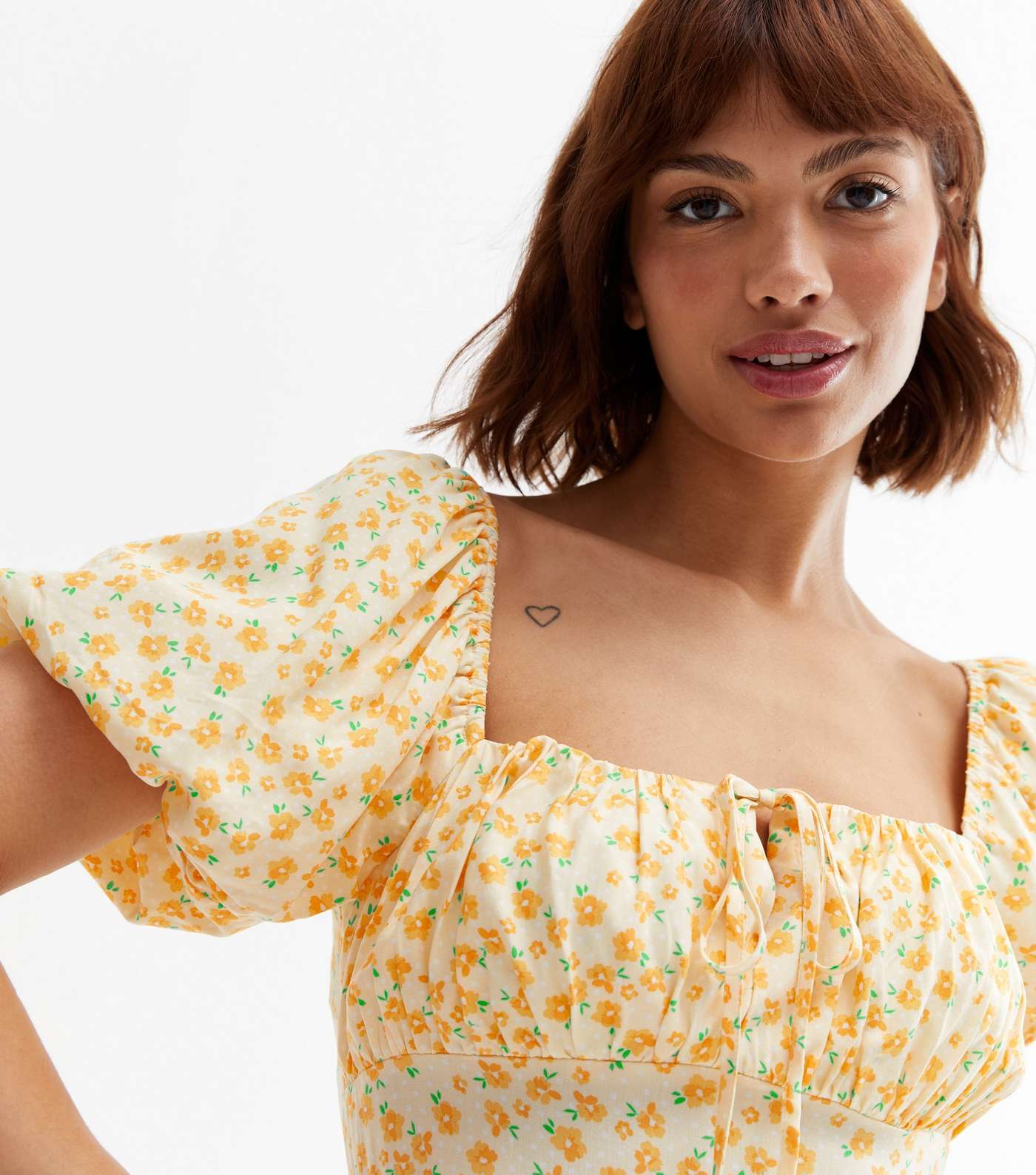 Yellow Ditsy Floral Puff Sleeve Midi Dress Image 3