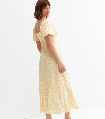 yellow floral puff sleeve dress