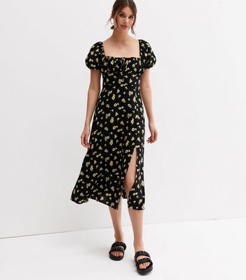 Black Floral Square Neck Puff Sleeve Split Hem Midi Dress