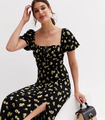 : Women's 2023 Summer Loose A-Line Printed Floral Flowy Square  Neck Dresses with Puff Sleeves Dress B-Black : Sports & Outdoors