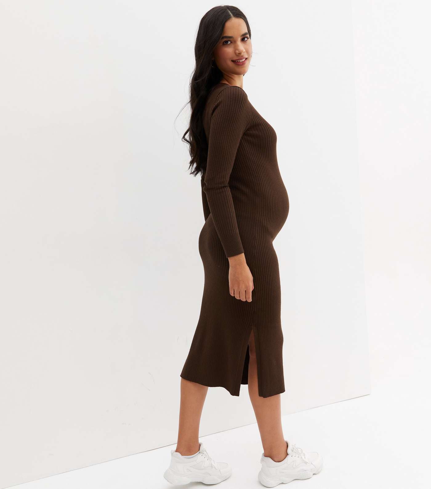 Maternity Dark Brown Ribbed Fine Knit Long Sleeve Midi Dress Image 4