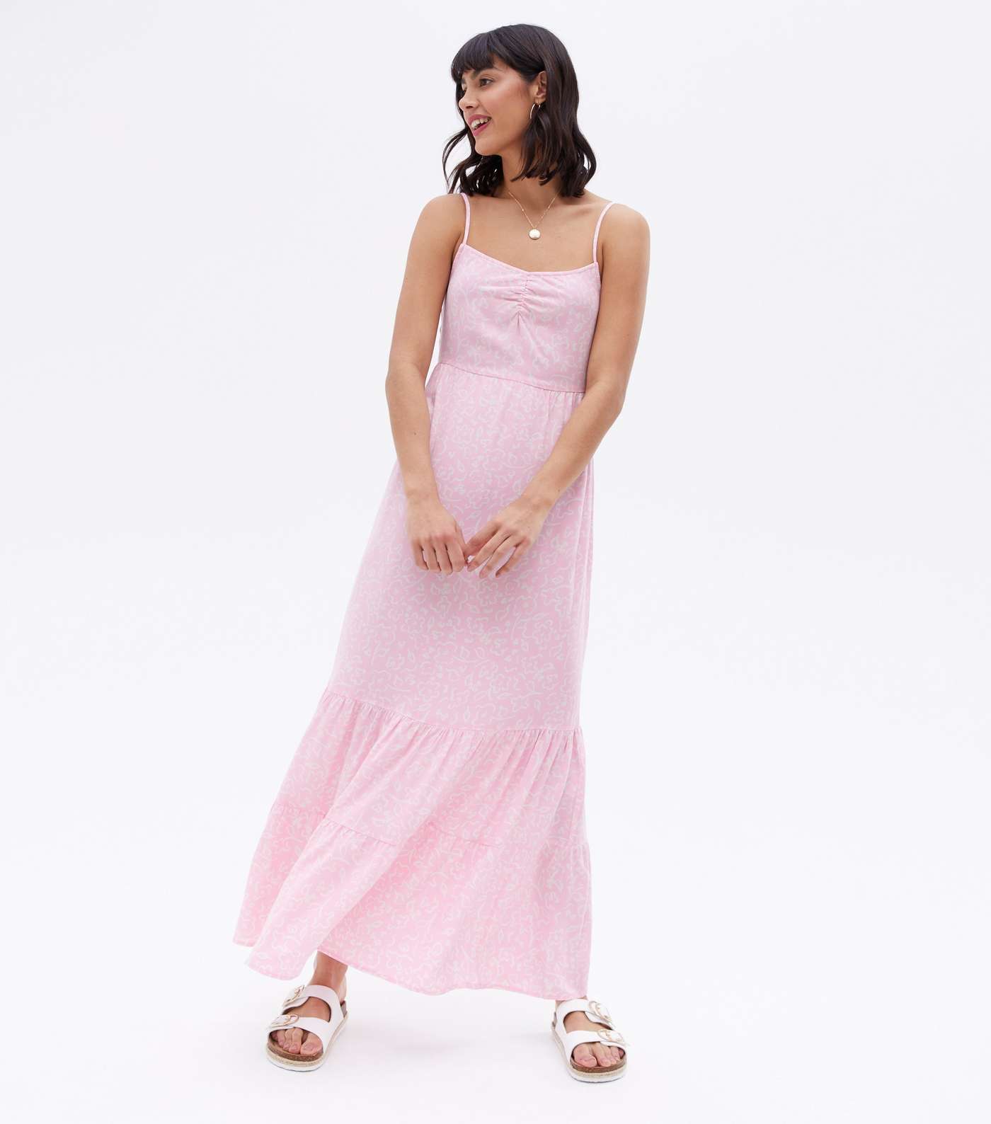Pink Floral Strappy Tiered Maxi Dress