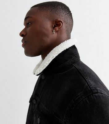 Black Denim Borg Collared Jacket New Look