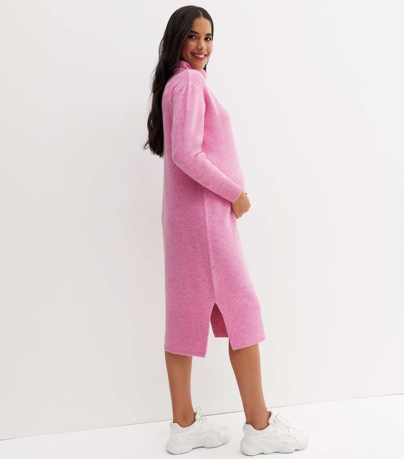 Maternity Bright Pink Knit Roll Neck Midi Dress Image 4